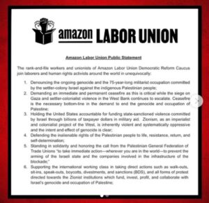 Amazon Labor Union accuses Israel of genocide